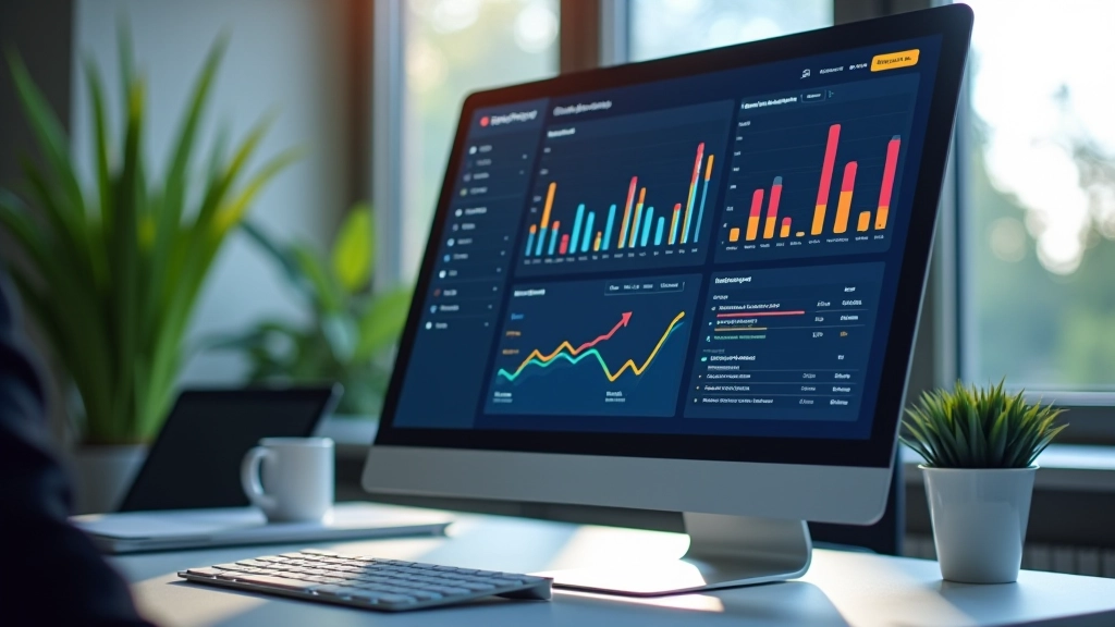 AI interface showing workflow automation dashboard with charts and metrics on computer monitor
