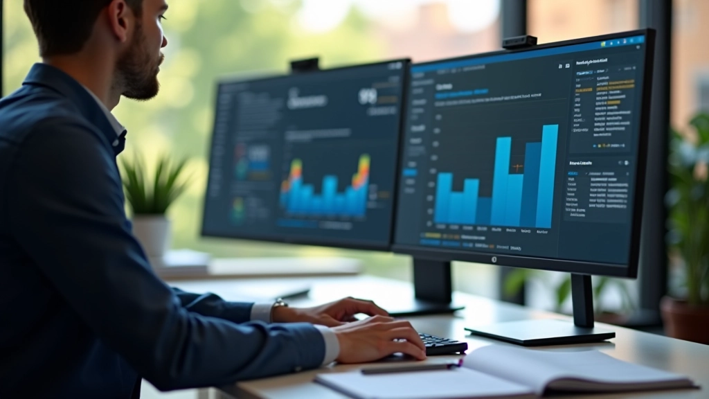 Professional working at desk with multiple screens displaying business metrics and analytics dashboards