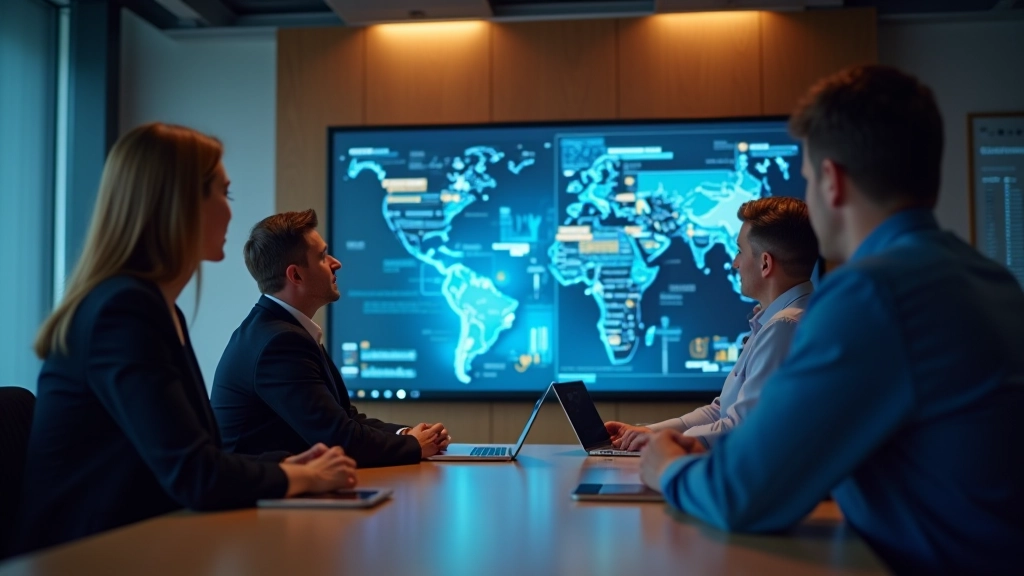 Four professionals in business attire during team meeting in modern conference room